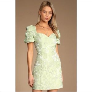 Lulus Lulus Beyond Amazing Light Green Floral Jacquard Puff Sleeve Dress
